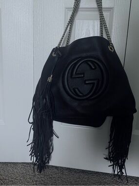 Gucci Black Pebbled Leather Fringe Shoulder Bag with Chain Straps -Vintage Boho